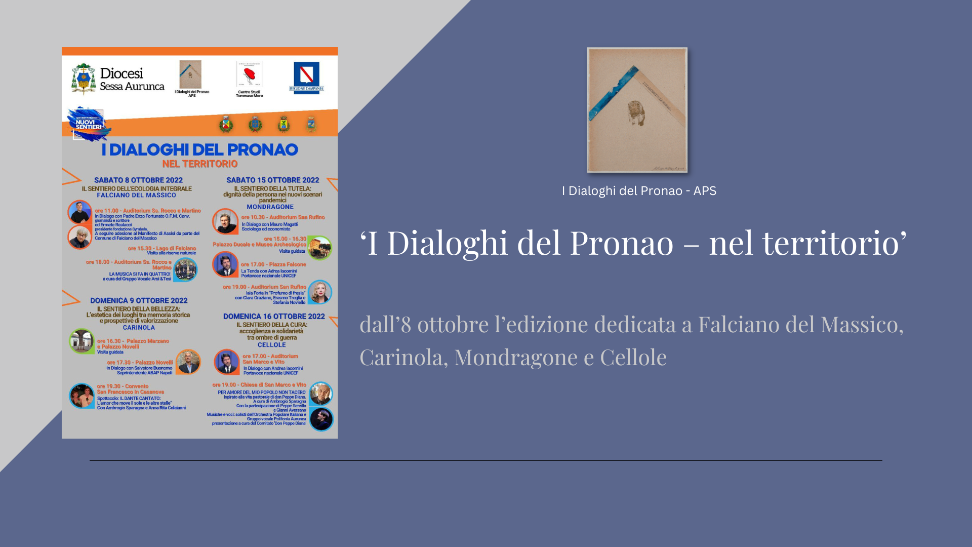‘I Dialoghi del Pronao – nel territorio’ dall’8 ottobre l’edizione dedicata a Falciano del Massico, Carinola, Mondragone e Cellole